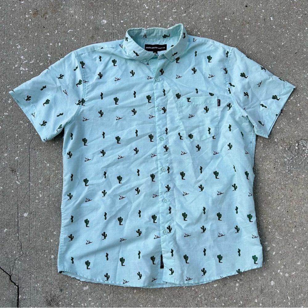 Molokai Surf Co Cactus and Skull Light Blue Casual Men’s Button Down Shirt